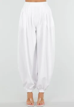 Witte Plooibroek met Elastische Boorden en Hoge Taille