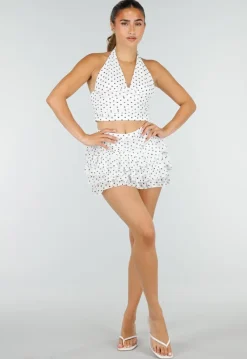 Witte Polkadot Halter Top en Ruffle Skort Set