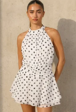 Witte Polkadot Playsuit met Halterhals en Volantlaag