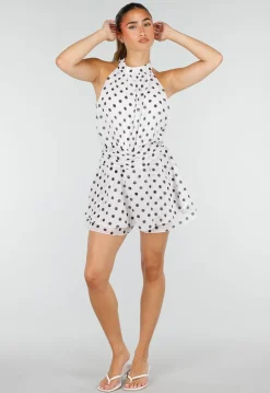 Witte Polkadot Playsuit met Halterhals en Volantlaag