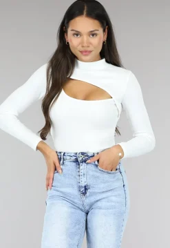 Witte Rib Bodysuit met Uitsnede