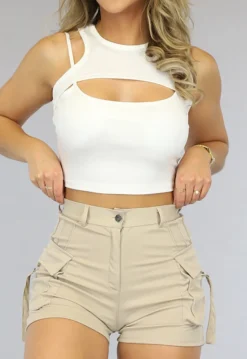 Witte Rib Crop Top met Spaghettibandjes