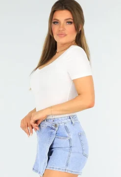 Witte Ribstof top met Ronde Hals