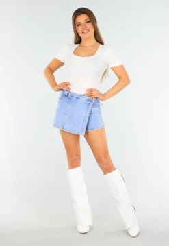 Witte Ribstof top met Ronde Hals