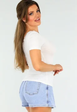 Witte Ribstof top met Ronde Hals