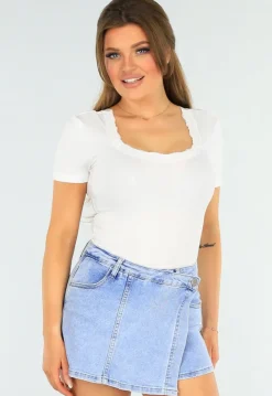 Witte Ribstof top met Ronde Hals