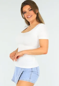 Witte Ribstof top met Ronde Hals