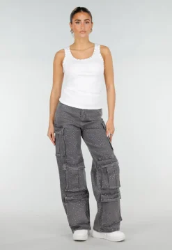 Witte Rib Tank Top met Glitters en Aansluitende Pasvorm