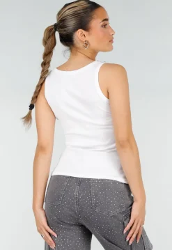 Witte Rib Tank Top met Glitters en Aansluitende Pasvorm