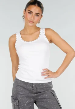 Witte Rib Tank Top met Glitters en Aansluitende Pasvorm