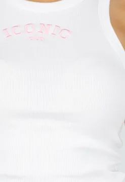 Witte Rib Tanktop met Roze Tekst en Ronde Hals