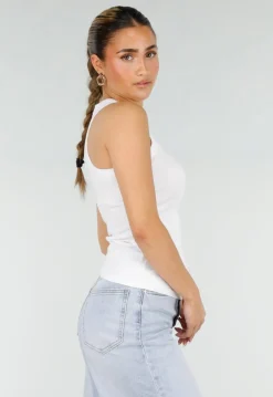 Witte Rib Tanktop met Roze Tekst en Ronde Hals