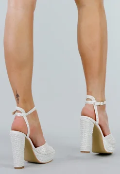 Witte Sandalen met enkelbandje, Blokhak en Parels