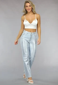 Witte Satin Look Crop Top met Spaghettibandjes