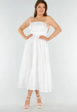 Witte Strapless Midi Jurk met Jacquardlook en Vetersluiting