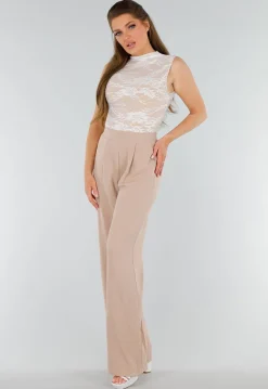 Witte Stretch Kanten Body met Opstaande Halslijn en Beige Voering