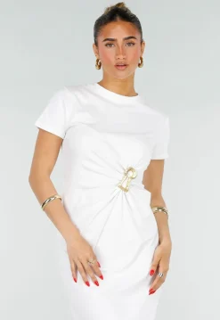 Witte Stretch Midi Jurk met Gouden Taille Detail
