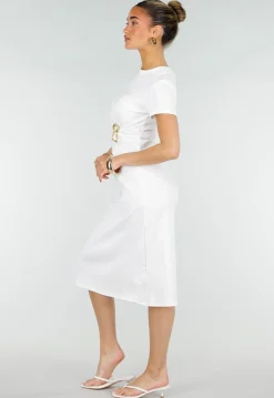 Witte Stretch Midi Jurk met Gouden Taille Detail