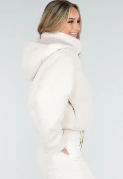 Witte Teddy Pufferjas met Capuchon en Hoge Kraag