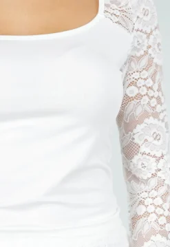 Witte Top met Kant en Lange Mouwen en Vierkante Hals