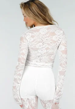 Witte Top met Kant en Lange Mouwen en Vierkante Hals