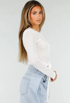 Witte Top met Knoopsluiting, Strik en Lange Mouwen