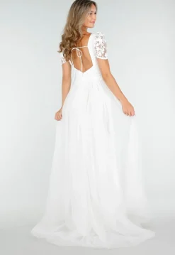 Witte Trouwjurk met Kanten Bloemen en Tule Rok