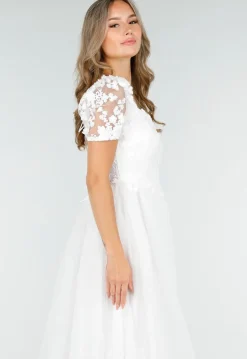 Witte Trouwjurk met Kanten Bloemen en Tule Rok