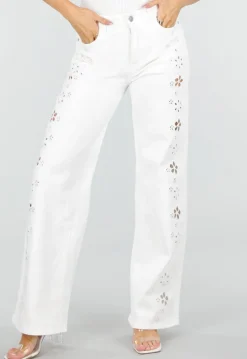 Witte Wide Leg Jeans met Broderie Anglaise en High Waist Pasvorm