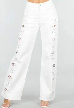 Witte Wide Leg Jeans met Broderie Anglaise en High Waist Pasvorm