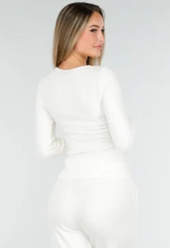 Witte Zachte Stretch Top met Ronde Hals en Lange Mouwen