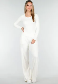 Witte Zachte Stretch Top met Ronde Hals en Lange Mouwen