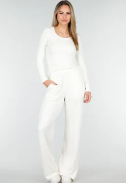 Witte Zachte Stretch Top met Ronde Hals en Lange Mouwen