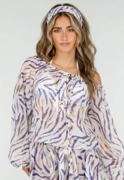 Witte Zebra Print Off Shoulder Jurk met Bandana en Striksluiting