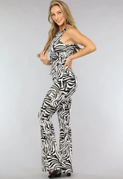 Witte Zebraprint Tall Flair Broek met Elastische Taille