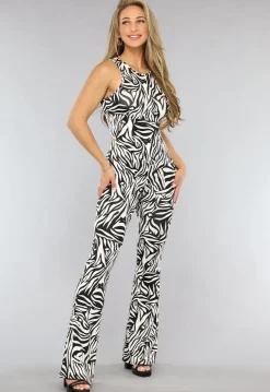 Witte Zebraprint Tall Flair Broek met Elastische Taille