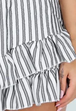 Wit Zwart Gestreepte Strapless Playsuit met Smokwerk en Ruches
