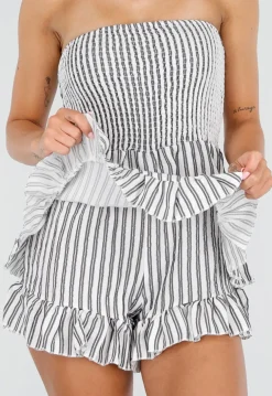 Wit Zwart Gestreepte Strapless Playsuit met Smokwerk en Ruches