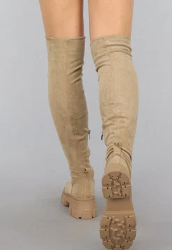Zachte Gevoerde Taupe Overknee Laarzen in Suèdelook