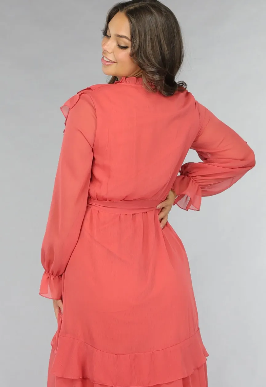 Zalmroze Ruffle Chiffon Maxi Jurk