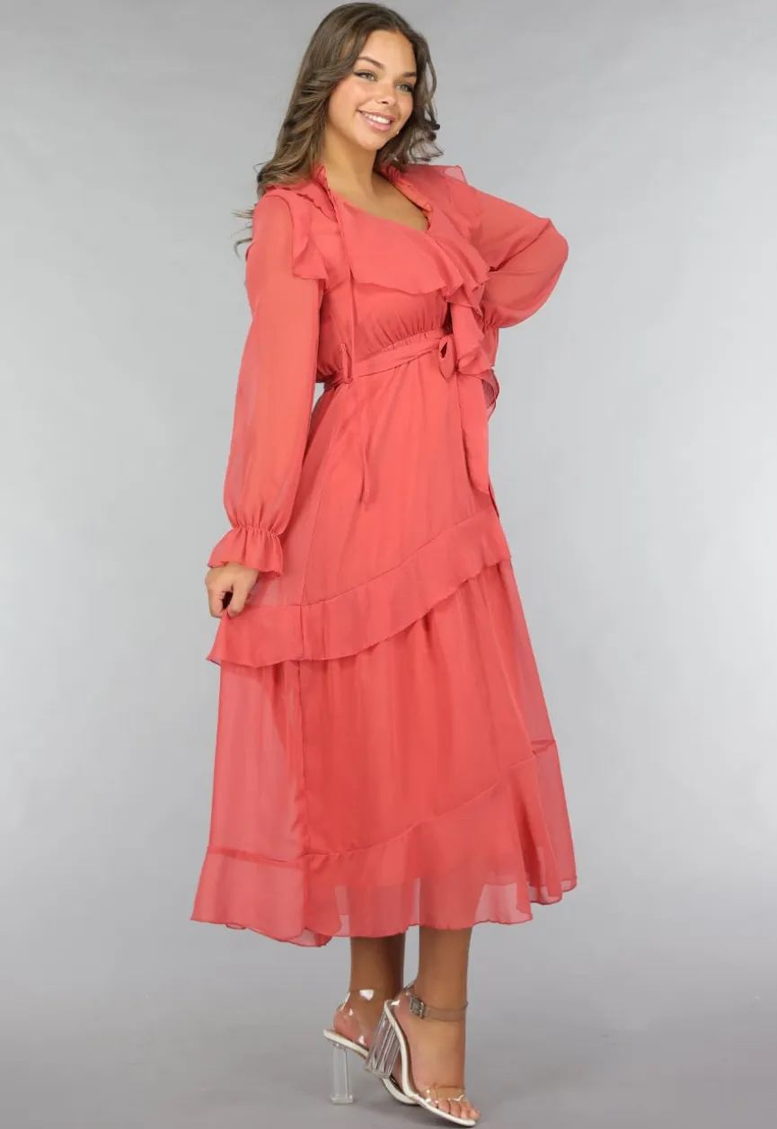 Zalmroze Ruffle Chiffon Maxi Jurk