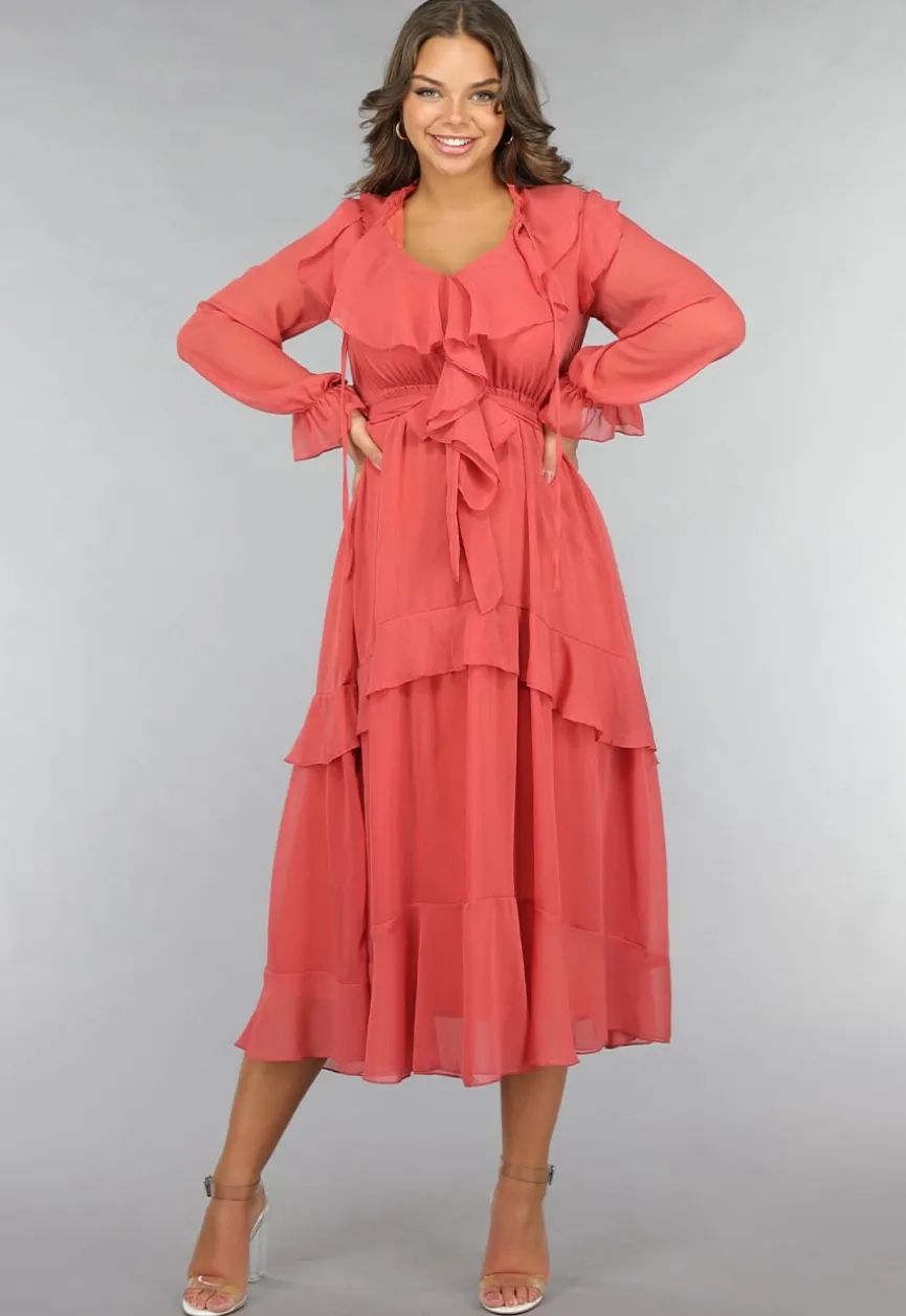 Zalmroze Ruffle Chiffon Maxi Jurk