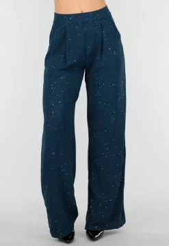 Zeeblauwe Linnenlook Glitter Pantalon met Stretchband