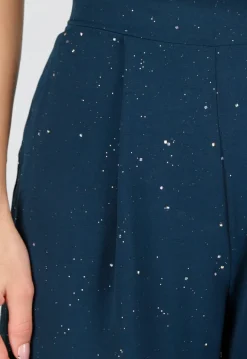 Zeeblauwe Linnenlook Glitter Pantalon met Stretchband