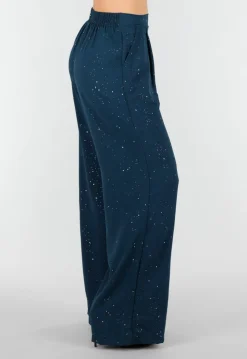 Zeeblauwe Linnenlook Glitter Pantalon met Stretchband