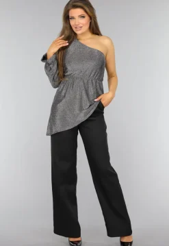 Zilveren Asymmetrische One Sleeve Glitter Top