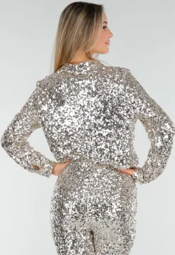 Zilveren Blouse met All Over Pailletten en Klassieke Kraag