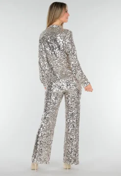 Zilveren Blouse met All Over Pailletten en Klassieke Kraag