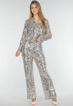 Zilveren Blouse met All Over Pailletten en Klassieke Kraag