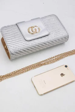 Zilveren Clutch van Gevlochten Imitatieleer met Gouden Chain